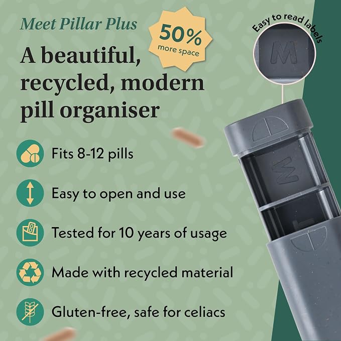 Pillar Plus - Aesthetic 7 XL Day Pill Organizer | BPA-Free Wheat Straw Medicine Case | Pretty Travel & Home Tablet Vitamin Organizer | Cute Weekly Pill Box | Travel Medicine Organizer (Slate Grey)