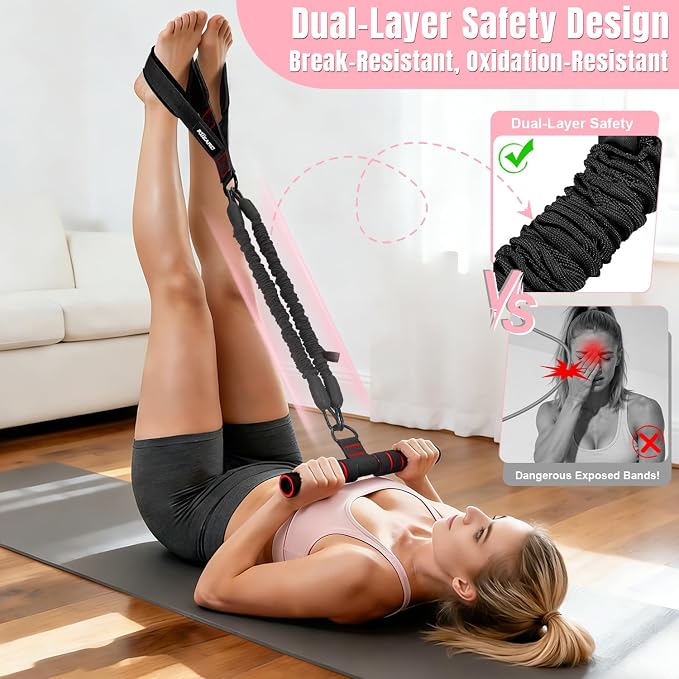 Upgraded Multifunction Pedal Resistance Band with Handle, 3 Tube Adjustable Resistance Bands for Abdomen, Waist, Arm, Core/ABS, Leg Workout - Sit Up Exercise Equipment for Women