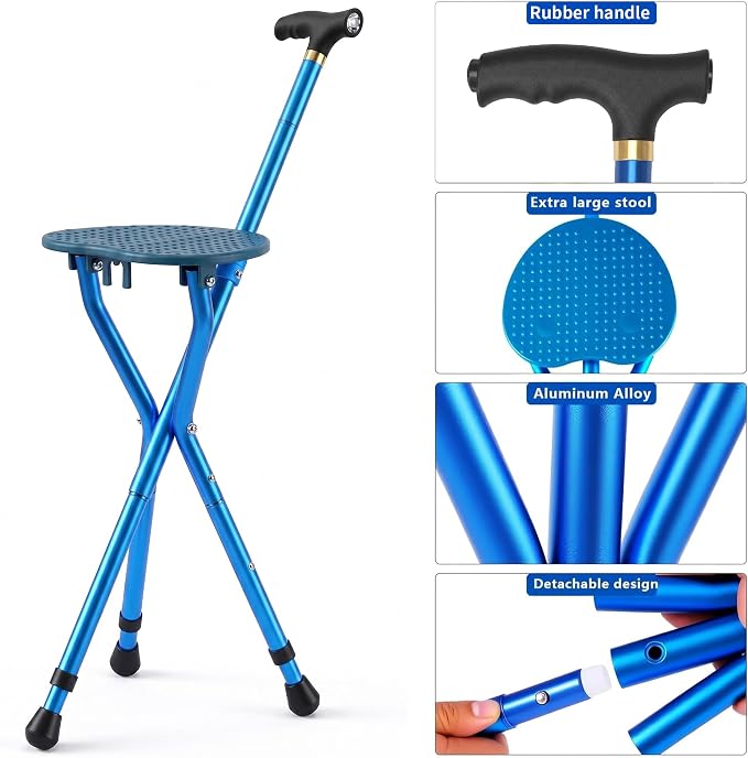 Anti-Slip Walking Cane with Seat Folding Lightweight,Walking Stick Height Adjustment,Portable and Sturdy Cane Chair for Travel Outdoor Use, Queuing, Elderly Women and Men