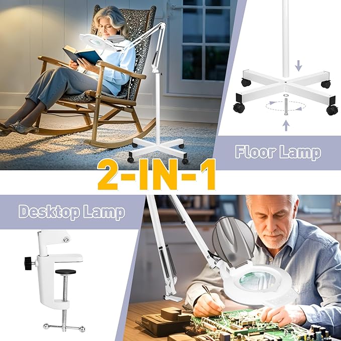 10X Magnifying Glass with Light and Stand, NUEYiO 2200 Lumen Stepless Dimmable Magnifying Floor Lamp, 2-in-1 Adjustable Metal Swing Arm Lighted Magnifier, Mag Lamp for Estheticians Crafts Facial