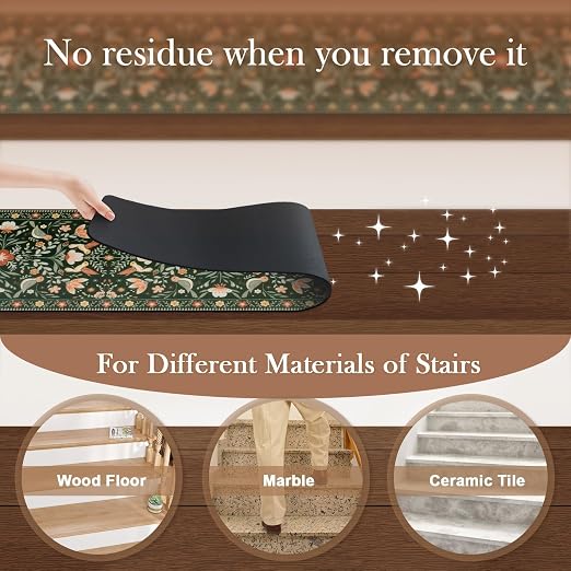 OJIA Black Stair Treads Non-Slip Stair Runner for Wooden Steps 4PCS 30"x8" | Floral Indoor Carpet Stair Treads Stair Mats Staircase Step Treads for Kids, Elders and Dogs, Stair Covers, Black