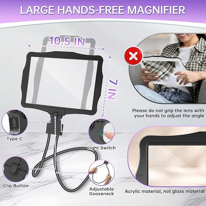 Large 10X Rechargeable Magnifying Glass for Reading with Light Hands Free Magnifying Glass Neck Wear Magnifier with 50 Led Lights Full Book Page Magnifier for Seniors Low Vision Elderly
