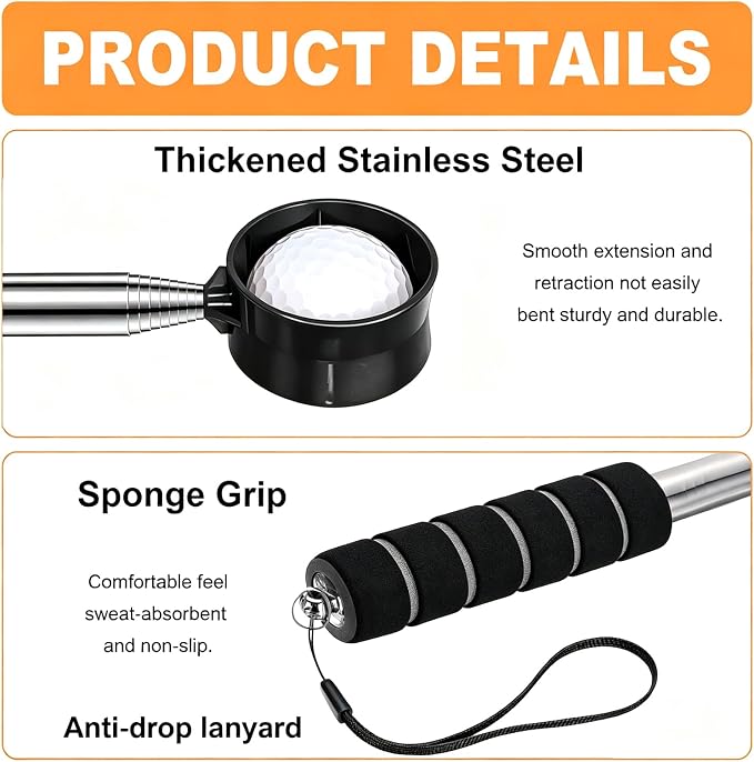 Golf Ball Retriever Telescopic, 9Ft Golf Ball Retriever for Water, Professiona Stainless Steel Ball Retriever Tool Golf, Light Weight Double Sided Golf Ball Grabber, Golf Accessories Gifts