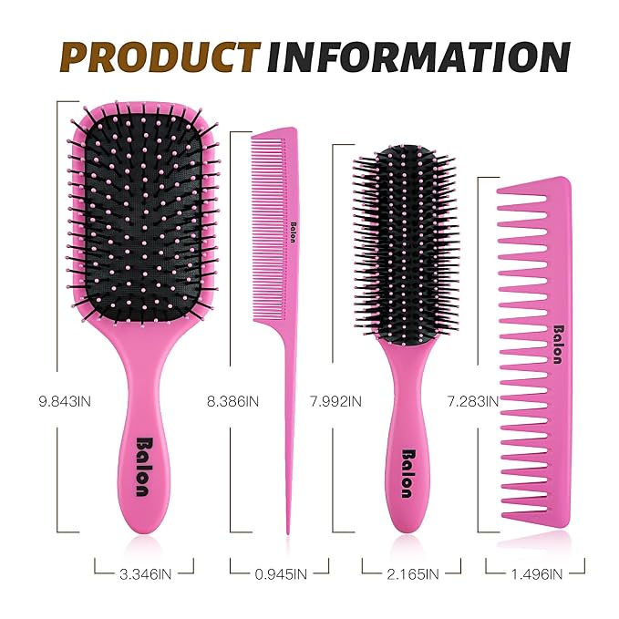 4Pcs Detangling Brush Set for Women - Paddle Brush for Wet or Dry Straight, Long, Thick, Curly, Natural Hair, No More Tangles (Pink)