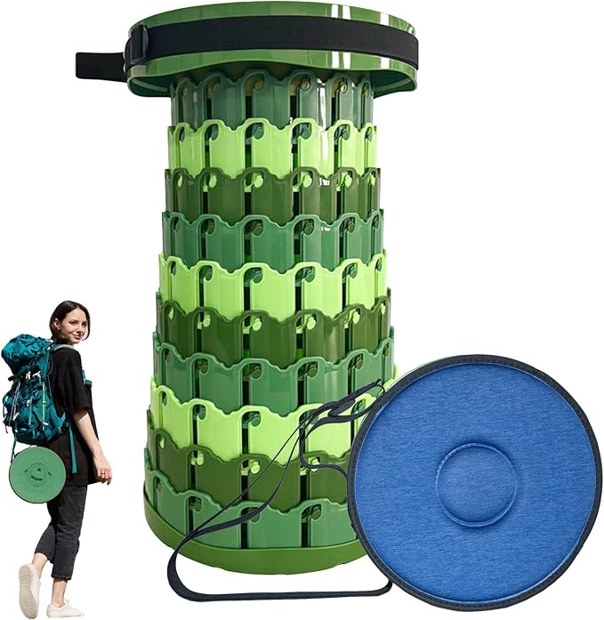 Collapsible Stool with Cushion,1000 lbs Capacity,19.7-in Adjustable Height | Wider & Taller Heavy Duty Portable Telescoping Folding Seat Chair for Adults Camping,Fishing,Travel,Queue Wait,Stadium View