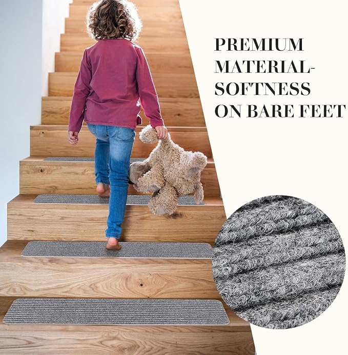 RIOLAND Stair Treads Carpet Non-Slip Indoor 15PCS Stair Runners for Wooden Steps, Stair Rugs for Kids and Dogs, 8" X 30", Light Gray