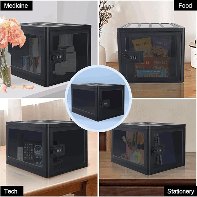 Clear Lockable Storage Box for Food，Tech and Home Safety, Medicine Lock Box for Safe Medication,Lockable Storage Bin，Refrigerator Storage Bins, Tablet Phone Jail Lock Box (Black)