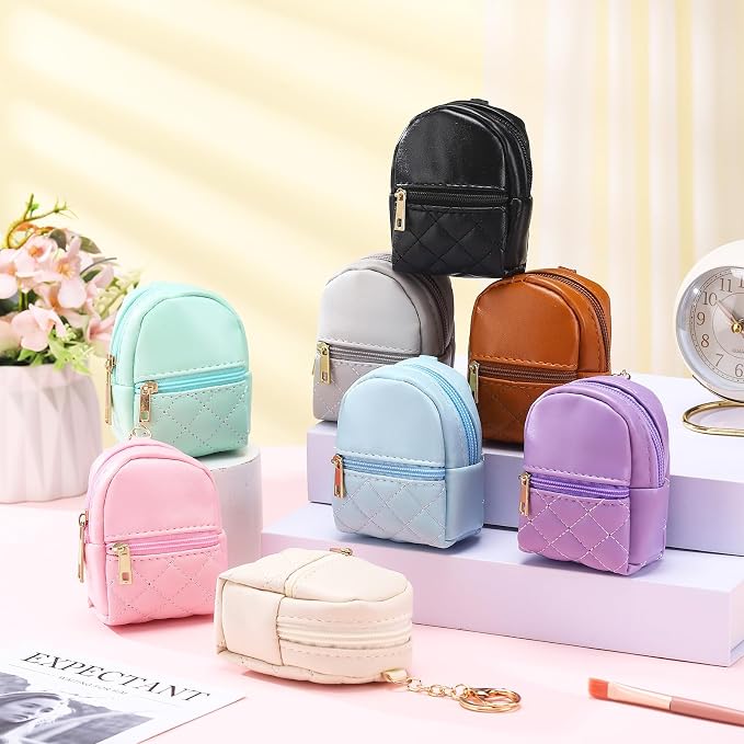 Liliaafar 8 Pcs Mini Backpack Keychain Mini Coin Purses for Women Cute PU Leather Makeup Bag with Keychain, Multi Pocket Card Holder Cable Organizer Giftable Zipper Pouch (Minimalist)