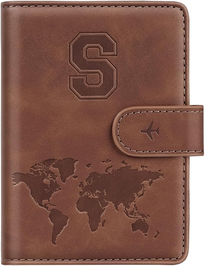 Passport Holder Wallet Cover Personalized Initial Travel Essentials | Embossed Letter A-Z Design, Travel Wallets, RFID Blocking, Passport Book Holders, Women Men, Personalized Gifts, Brown-S