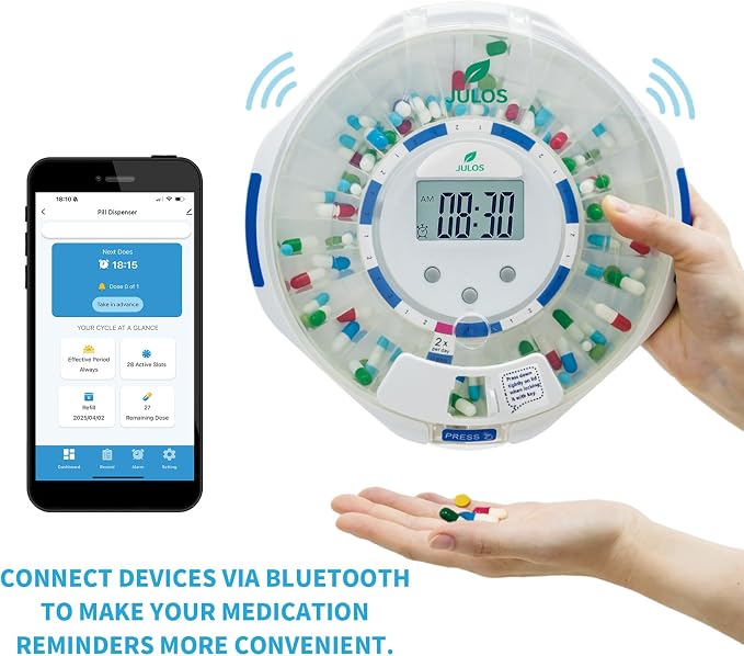 JULOS Bluetooth Automatic Pill Dispenser with App Alarm for Elderly | Tracks Adherence History, 28-Day Pill Organizer with Sound/Light Reminders & Safety Lock Key for Seniors, Caregivers Care