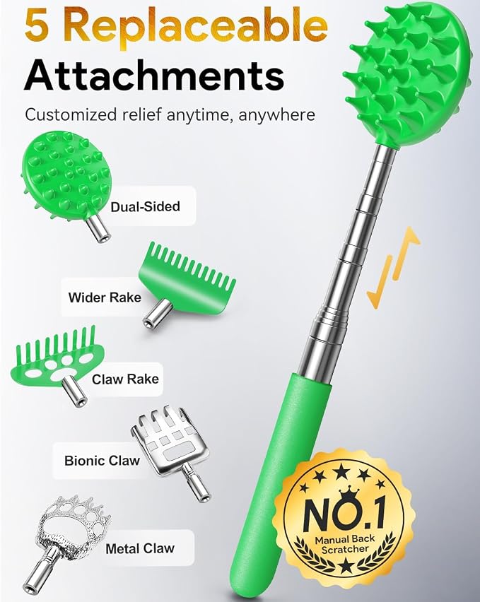 Telescoping Back Scratcher with 5 Detachable Heads, Gift for Men Green | 10-30" Reach, Stainless Steel Pole, Rubber Grip, Christmas Stocking Stuffers, White Elephant, Anniversary and Birthday Gift