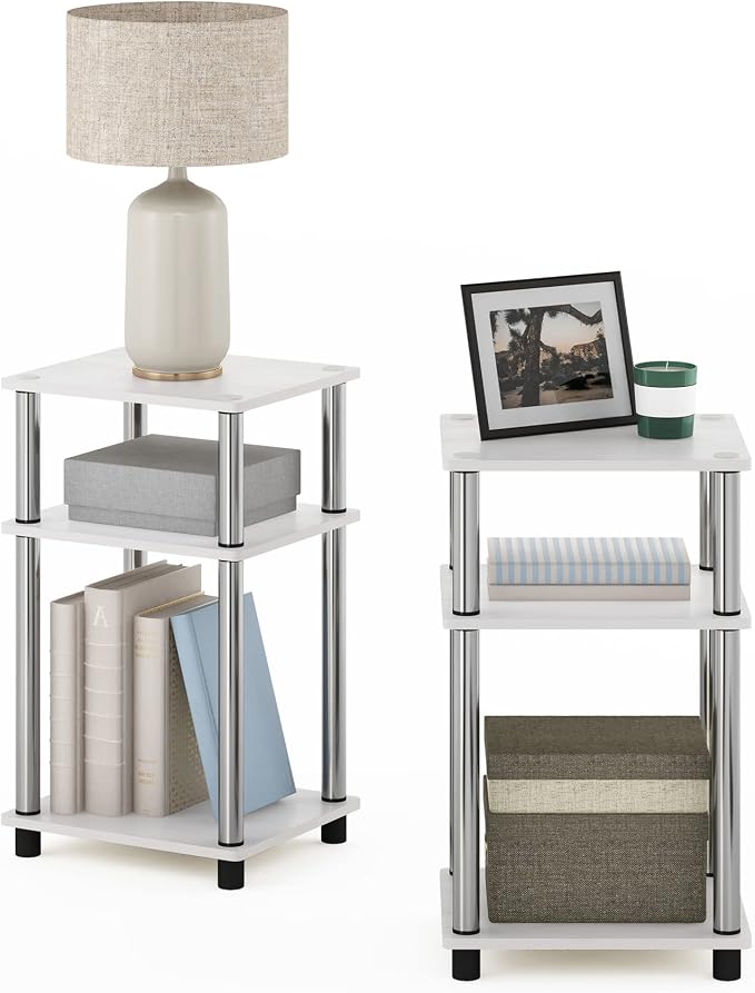 Furinno JUST Side Table Set of 2, 3-Tier Modern End Tables, Toolless Assembly Night Stand, Nightstand, Toolless Assembly, for Living Room, Bedroom, White Oak/Stainless Steel