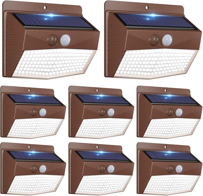 8 Pack Solar Motion Sensor Lights Outdoor Waterproof with 3 Modes | Cool White, Brown Frame, LED, Solar Powered, Security Lighting for Outside Wall Garden Fence Yard Deck Patio Garage