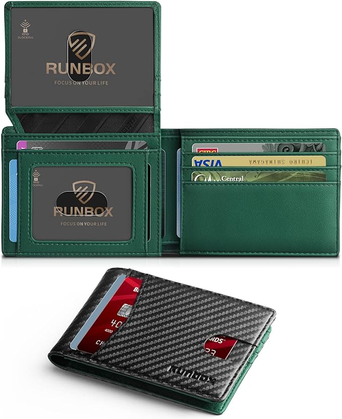 RUNBOX Wallet for Men -Slim Rfid Leather Mens Bifold Novelty Wallets 2 ID Window With Gift Box Men's Accessories | Minimalist Front Pocket Design, Holds 15 Cards, Large Capacity with Cash Pocket,Compact and Thin, Birthday Gifts for Men