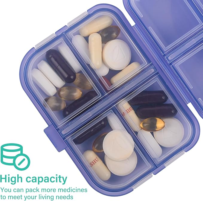 Travel Pill Organizer Small 8 Grid Compartments Pill Holder Box - Portable Medicine Container Case - Daily Weekly Medication Organizer