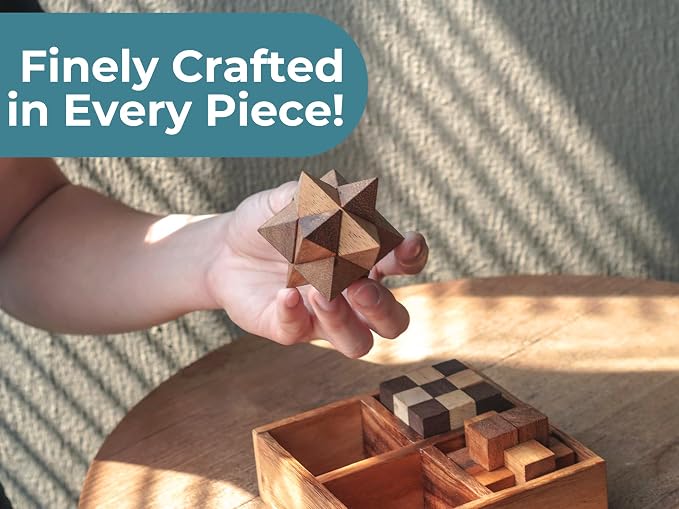 BSIRI 4 in 1 Wooden Brain Teaser Puzzles for Adults - Challenging 3D Desk Wood Puzzles Set Interlocking Hand Games for Mind Toys Suits for Rustic Patio Decor Unique Gift Office Decoration
