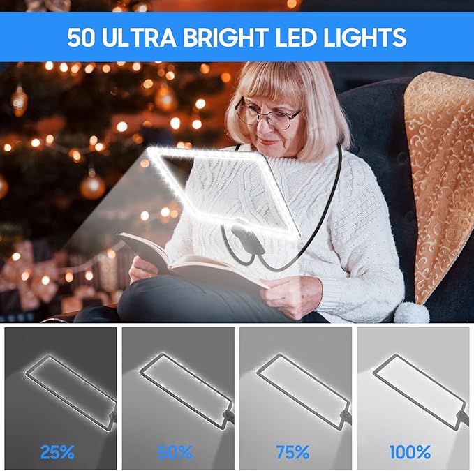 Large Hands Free Magnifying Glass with 50 Ultra-Bright LED Light,Flexible Gooseneck Magnifiers for Reading Books, Sewing, Knitting Seniors Low Vision, Black, 10.6 x 7.4in