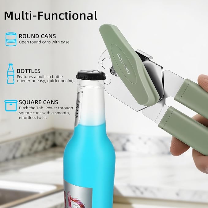 Can Opener Manual, Reinforced Blade, Effortless Knob, Non-Stick, Green | Reinforced blade, effortless knob, built-in bottle opener, non-stick hard rubber handle, smooth-edge safety cutter