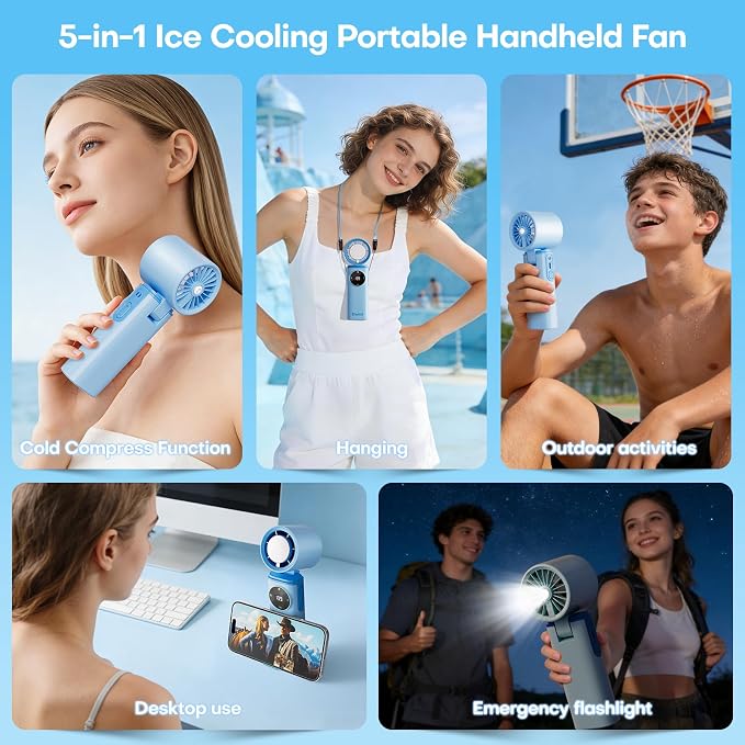 6000mAh Portable Handheld Fan with Ice Cooling, 199 Levels Stepless Speed, 20H Long Battery Life, 20000RPM Turbo Fan Rechargeable Personal Mini Fan for Travel, Outdoor, Makeup (Blue)