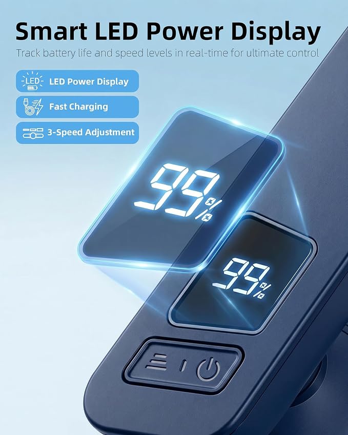 FrSara Portable Neck Fan that Blows Cold Air Rechargeable, Personal Battery Powered Cooling Device with USB TYPE-C, LED Display, Light, 3-Speed, 3000mAh, Ideal Present for Women, Men, Travel, Blue