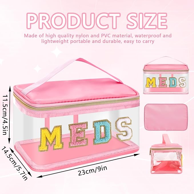 Clear Patch Letter Bag Medicine Drugs Pouch with Handle, Travel Chenille Letter Makeup Cosmetic Bag for Women Girls, Waterproof Nylon PVC Zipper Toiletry Meds Storage Case Stadium Bag(Pink, MEDS)