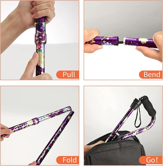 Floral Canes for Women Folding Cane for Stability with Non-Slip Base, Adjustable Walking Cane for Seniors - Lightweight Collapsible Walking Sticks with T & Offset Handle
