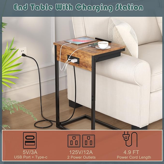 sthmec C Shaped End Table with Charging Station, 45° Tiltable Adjustable Flip Top Table with Storage,Small C Table for Small Spaces,Slide Under Couch Sofa Bedside Table for Living Room,Rustic Brown