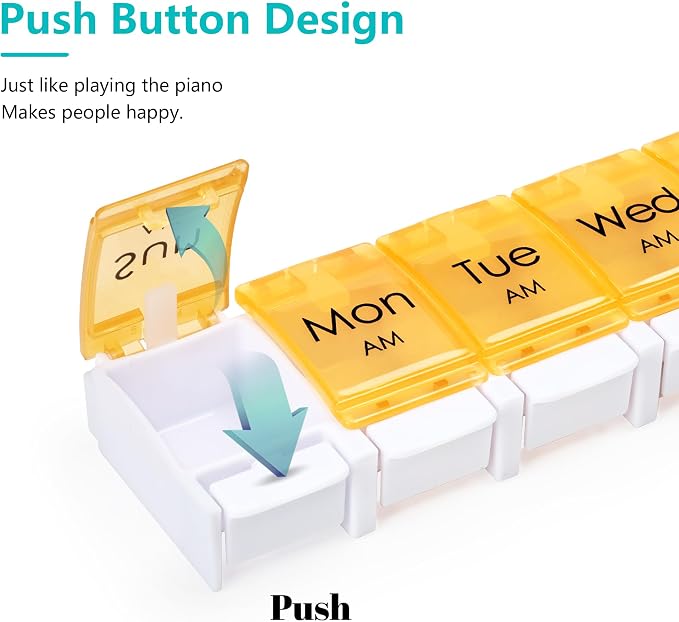 MOLN HYMY Weekly Pill Organizer, AM PM 2 Times a Day, 14 Compartments, Push Button Design, for Medication, Vitamins, Supplements