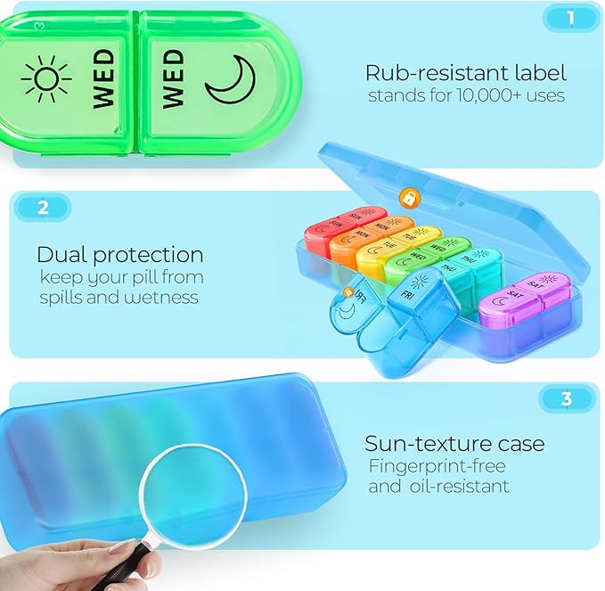 Weekly Pill Organizer 2 Times a Day - AM PM Pill Organizer with 7 Daily Color-Coded Small Cases, Morning and Night Travel Pill Cases for Vitamins, Medicine, & Supplements