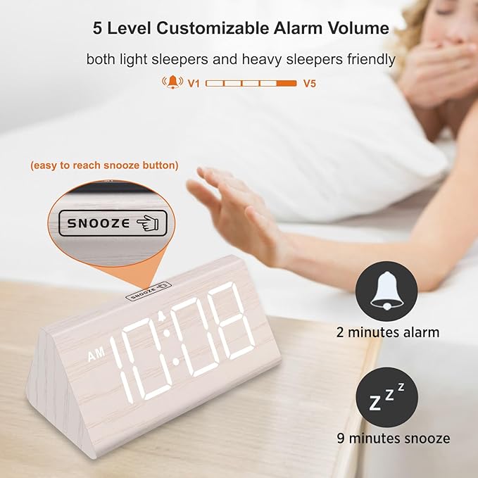 DreamSky Wooden Digital Alarm Clock for Bedroom with RGB Large Numbers | Electric Desk Clock, USB Port, Loud Alarm for Heavy Sleepers, Dimmer and Volume Control, Snooze, Wood Décor, Adapter Powered
