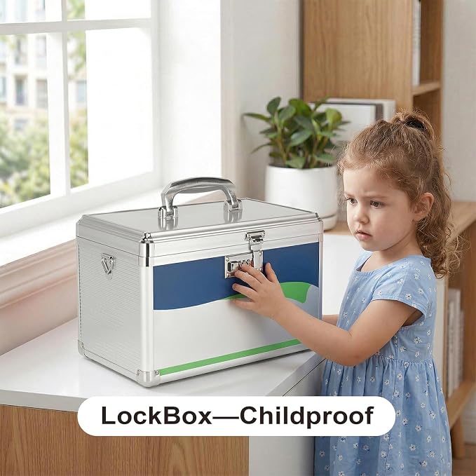 Medicine Lock Box with Combination Lock - 10" Hard Case for First Aid & Pill Storage, with Removable Tray & Pockets – for Home, Car, Outdoor – Blue [No Strap]