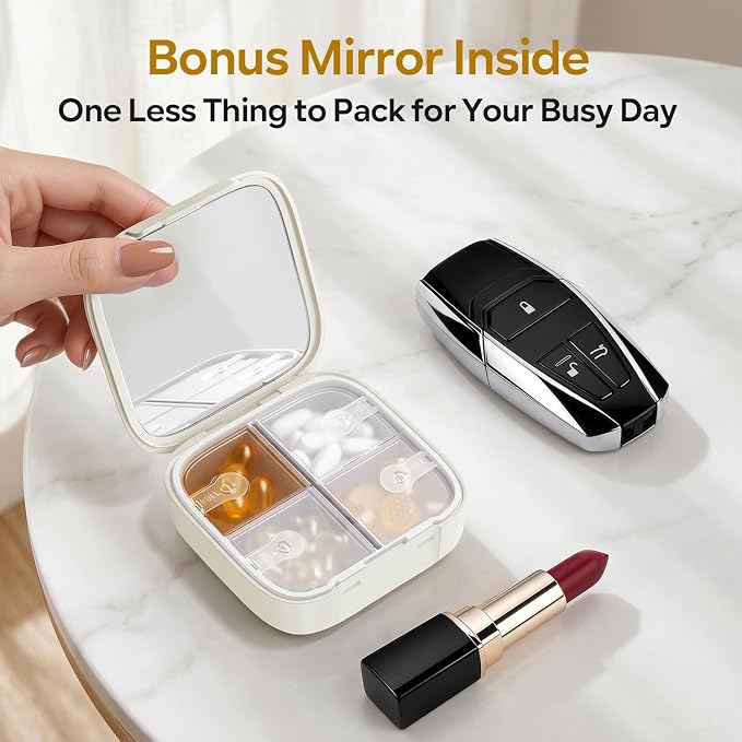 Travel Pill Organizer for Women, Cute Pill Box with Mirror | Compact,Waterproof,Bpa-free,Stylish,4 Compartment