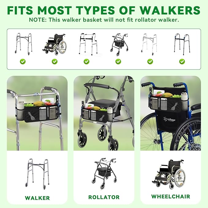 Walker Basket, Foldable Walker Bag with Cup Holder, Large Capacity, Seniors with Limited Mobility to Carry Water Bottles, Books - Black