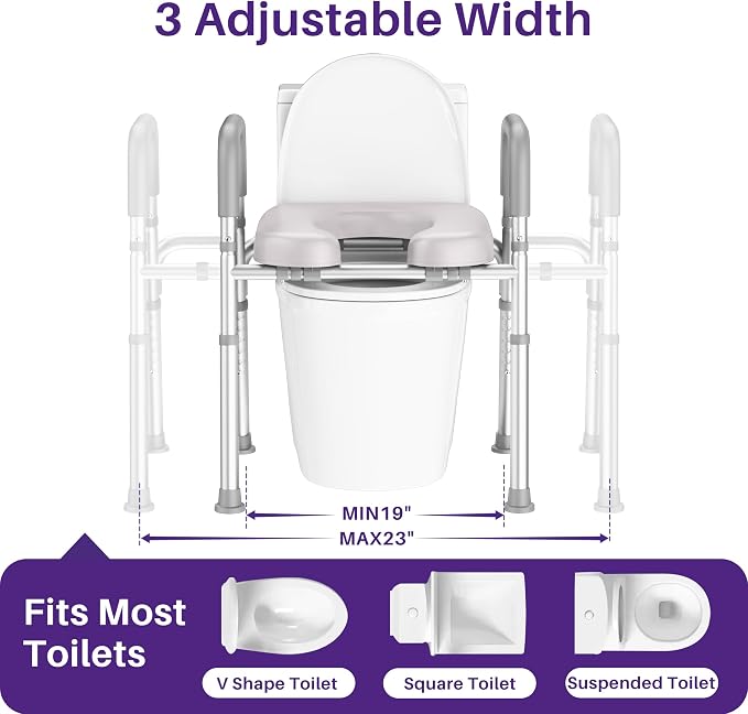 KEKOY Toilet Seat Risers for Seniors, Adjustable Size, Bedside Commode | Padded Elevated with Handles,Fits Most Heights Builds,Tool Free Install, Fits Most Round Elongated Toilets for Handicap, Grey