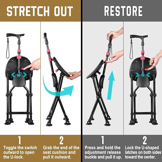 HZZEDNG-Hold 400 lbs Folding Canes with Seat, Allows Durability While Walking and Convenience for Sitting, Aluminum Portable Anti-Slip Cane Seat, Height-Adjustable Walking Cane