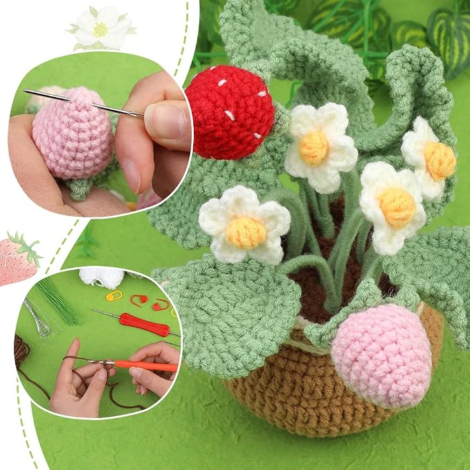 kgxulr Crochet Kit, Strawberry Beginner Crochet Kit for Adult, Knitting Kit | Crochet Kit for Beginners, Crochet Flower Kit, Beginner Crochet Kit for Adults with Step-by-Step Video Tutorials