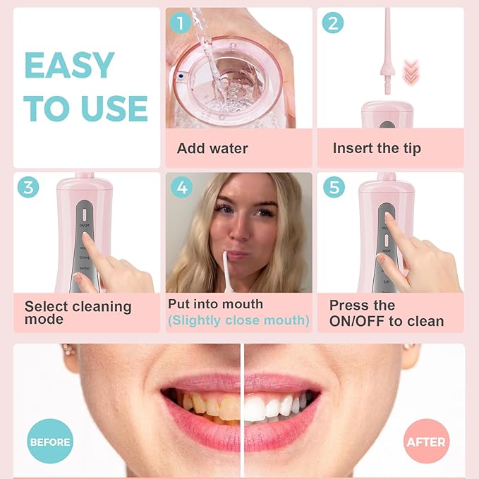 350ML Water Dental Flosser Teeth Pick with Travel Bag, 5 Modes Portable Cordless Oral Irrigator Cleaner, Electric Rechargeable IPX7 Waterproof for Home Travel Teeth Cleaning flossing (Pink)