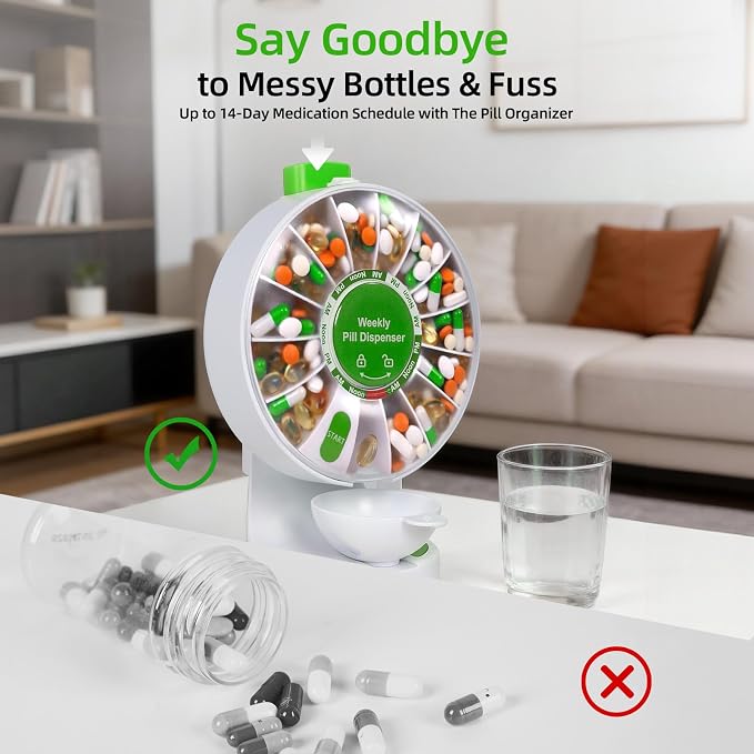 EziMedPil Pill Dispenser with One-Press Button & Braille Symbol for Seniors | No-Flip Design Wall-Mounted or Free-Standing with Med Cup & Tweezers for Medicine Hygienic, 14-Day Organizer for Vitamins