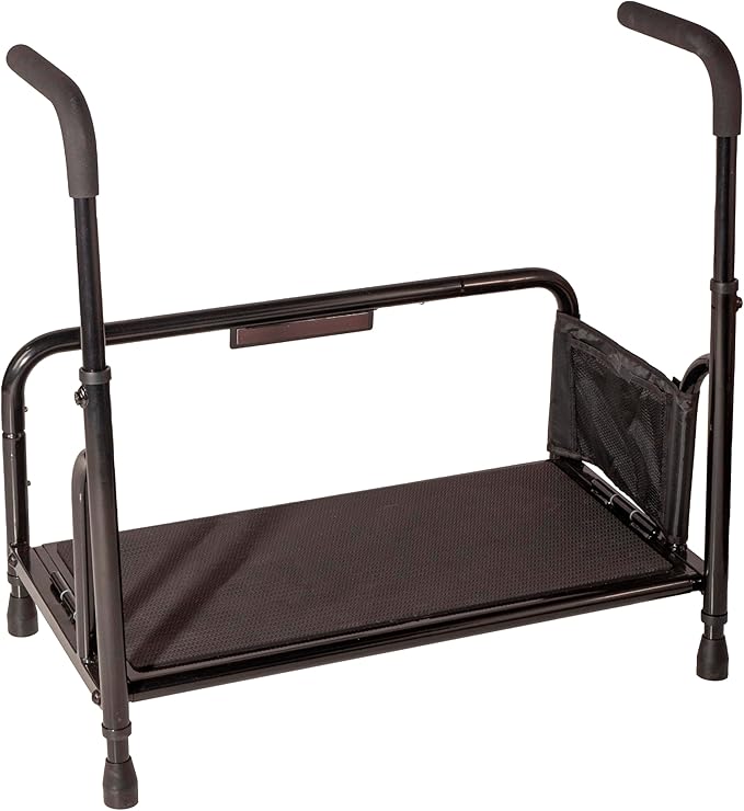 Stander Step-Stool, Portable Step with Adjustable Handles for Seniors and Elderly Adults, Extra Wide Heavy Duty Step-Ladder for Fall Prevention, Grab Bars, Motion Activated LED Light, Black