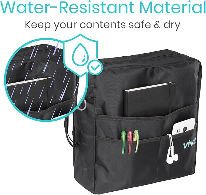 Vive Wheelchair Bag - Machine Washable, Double-Stitched, Water-Resistant Accessory Backpack for Rollators, Wheel Chairs, Walkers - Pouch with XL Pockets & Straps for Quick Installation