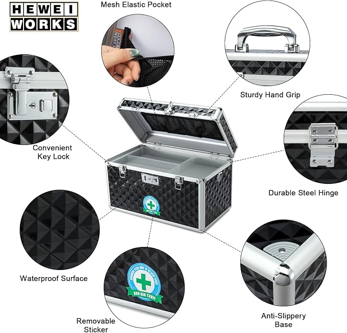 Storage Box with Key Lock, Lockable Medicine Storage Box, Empty First Aid Box, Security Lock Box, Multipurpose Locking Box for Home and Outdoor Use (Black,X-Large)