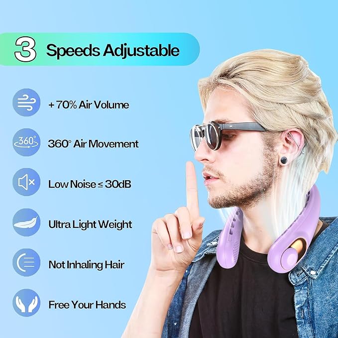 KIDEE Portable Neck Fan, Neck Fans Rechargeable, Upgraded LED Display, 4000 mAh Battery Operated, Personal Wearable Fans, Gifts for Women Men 2 Pack Light Purple
