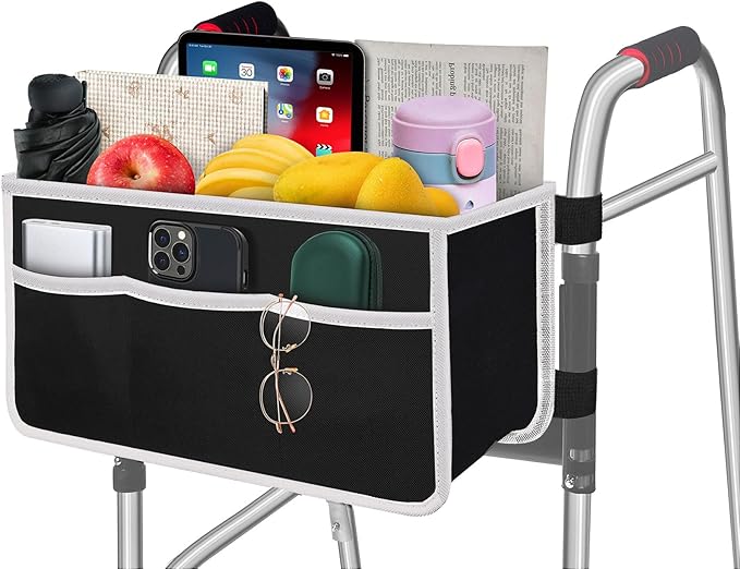 Yuan & Chuang Walker Bag - Foldable with 6 Elastic Straps, Stronger Than Other Baskets, Multiple Pockets & Never Tipping Over for Elders and Family - Black