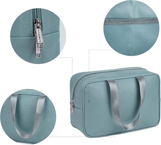 Narwey PU Leather Large Travel Toiletry Bag Women Toiletries Bag Skincare Bag Makeup Bag Organizer Make up bag Cosmetic Bag Medicine Bag for Girls (Large, Greyish Blue)