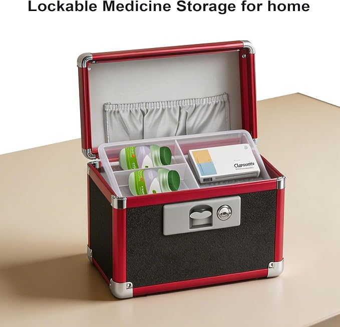 Medicine Lock Box with Key Lock - 14" Hard Case First Aid Safe Medication Storage with Removable Tray & Pockets for Pills, Home, Car & Outdoor - Black Red [with Strap]