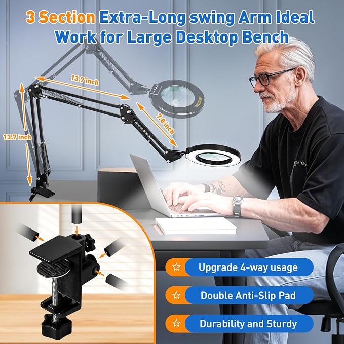 Ultra Long 3-Section Swing Arm 12X 30X Magnifying Glass with Light | 4-Way Large Metal Clamp, 5 Color Modes LEDs, 35.2Inch Lighted Magnifier Lamp for Workbench Crafting Hobby Soldering Reading