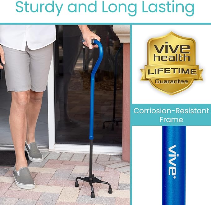 Vive Quad Cane - Walking Stick for Men and Women - Lightweight Adjustable Staff - Comfortable Right and Left Hand Grip for Stability Support - Four Prong Sturdy Aluminum Travel Aid - 4 Tip Dark Blue