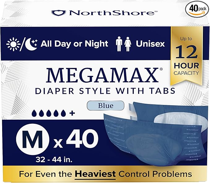 NorthShore MegaMax 12-Hour HBL Adult Diapers for Heavy Bladder Leaks, Medium, 40 Count, Blue, 32-44 inches, Tab-Style Incontinence Underwear for Men, Women & Teens