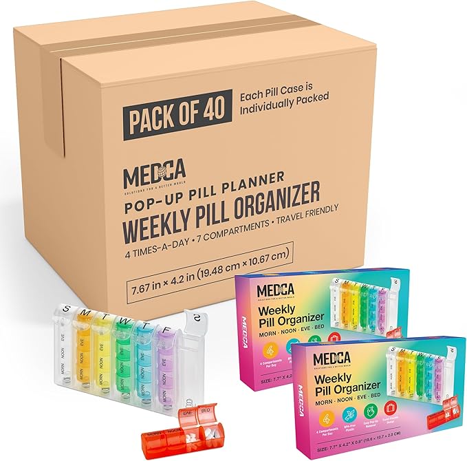 Weekly Pill Organizer - Pill Planners for Pills and Vitamins Day Week, 4 Times-a-Day Medication Reminder, AM PM Compartments Monday to Sunday for Travel or Purse (Case of 40)