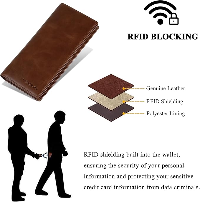 VISOUL Leather Checkbook Cover Wallet for Men with RFID Blocking, Mens Long Bifold Cash Tall Wallet with 11 Credit Card Slots 1 ID Window (Brown)